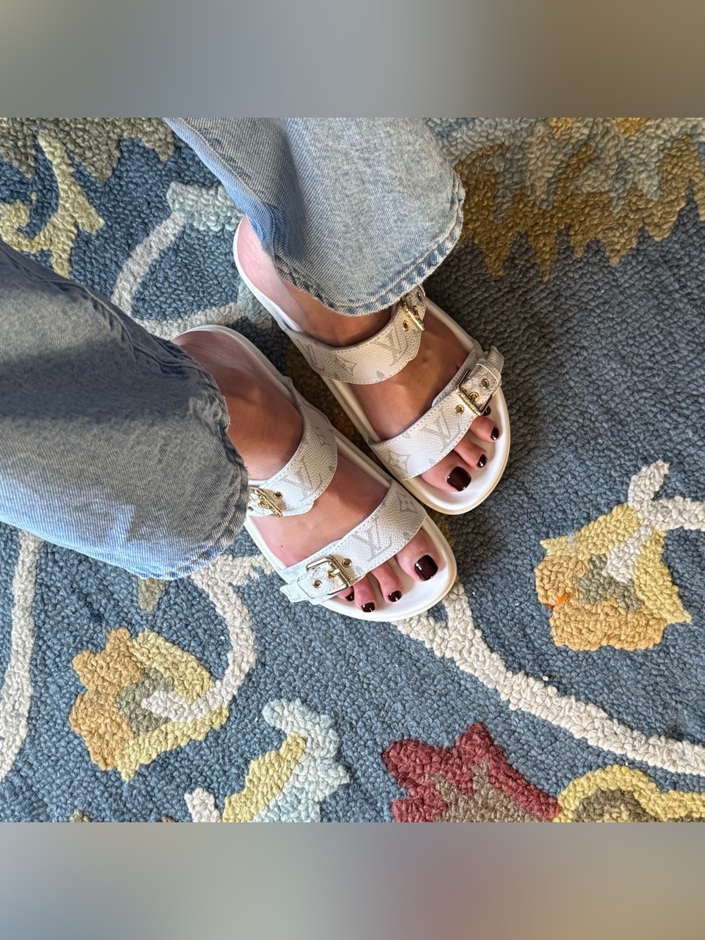 LV White Women's Double-Buckle Slide Sandals